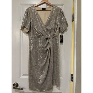 JM Studio Women’s Sparkly Dress‎ Champagne Color Size 14 Stretchy Flutter Sleeve